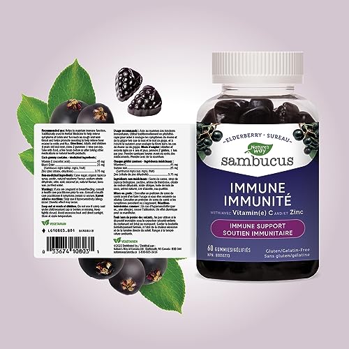 Nature's Way Sambucus Immune Original Cold and Flu Care Elderberry Gummies with Vitamin C and Zinc – Used in Herbal Medicine for Immune Support for Adults and Kids 4+, 60 Gummies
