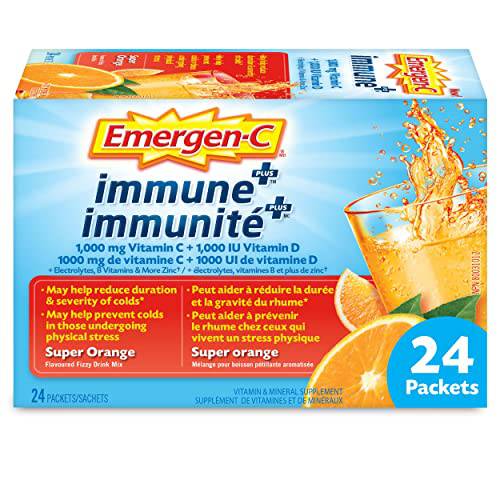 Emergen-C Immune+ 1000mg Vitamin C Powder Supplement, Drink Mix, Immune System Booster, Super Orange, 24 Packets