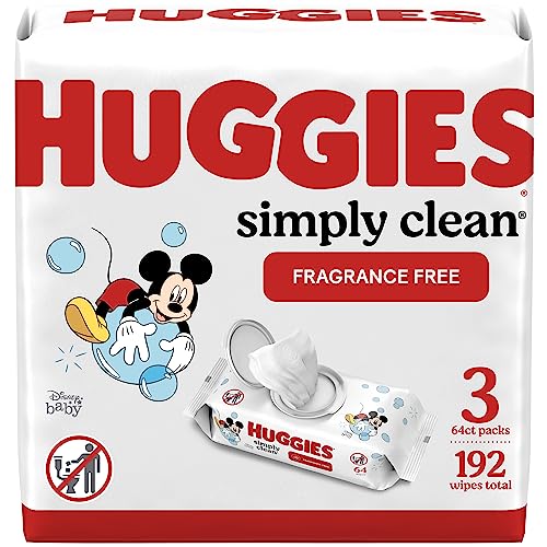 HUGGIES Baby Wipes, Huggies Simply Clean, UNSCENTED, Hypoallergenic, 3 Flip-Top Packs, 192 Count