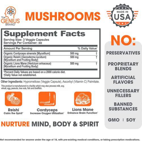 Genius Mushroom - Lions Mane, Cordyceps and Reishi - Immune System Booster & Nootropic Brain Supplement - for Natural Energy, Memory & Liver Support, 90 Veggie Pills