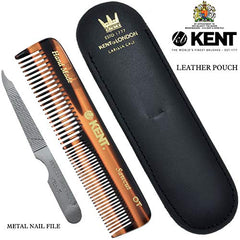 Kent K-Nu19 Comb, Coarse/Fine Tooth with Leather Case & Metal File (110mm/4.3in), 1 Count, brown