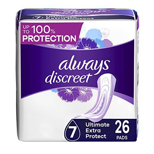 Always Discreet, Incontinence & Postpartum Pads For Women, Size 7 Drops, Ultimate Extra Absorbency, 26 Count