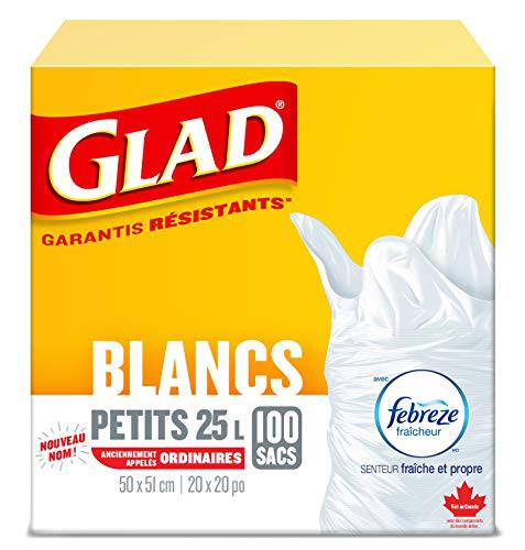 Glad White Garbage Bags - Small 25 Litres - Febreze Fresh Clean Scent, 100 Trash Bags - Zecoya