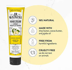 J.R. Watkins Lemon Cream Natural Moisturizing Hand Cream, Hydrating Hand Moisturizer with Shea Butter, Cocoa Butter, and Avocado Oil, USA Made and Cruelty Free, 95 Grams