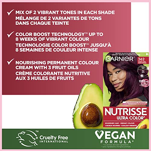 Garnier Nutrisse Ultra Color Permanent Hair Dye, Double Tone Reds Burgundy Garnet (Shade 362), Vibrant Color Enriched with Avocado Oil - 1 Application