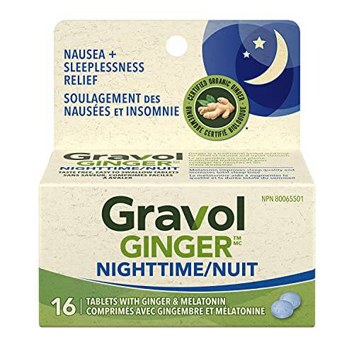 Gravol Ginger Nighttime Tablets, Nausea & Sleeplessness Relief, With 20 mg Organic Ginger Extract & 3 mg Melatonin, 16 tablets