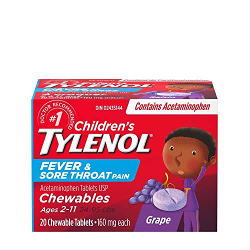 TYLENOL Children's Fever and Sore Throat Pain Chewables, Relieves Fever and Sore Throat Pain 20ct, Grape Flavour, For ages 6-11yrs