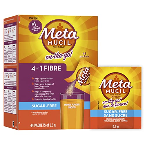 Metamucil, Daily Psyllium Husk Powder Supplement Packets, Sugar-Free, 4-in-1 Fiber for Digestive Health, Orange Smooth Flavored Drink, 44 Servings
