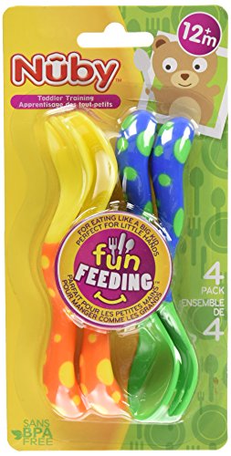 Nuby 4 Pack Fork and Spoon Set Orange/Yellow and Blue/Green