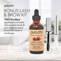 PURA D'OR Organic Castor Oil (4oz + 2 BONUS Pre-Filled Eyelash & Eyebrow Brushes) 100% Pure, Cold Pressed, Hexane Free Growth Serum For Fuller, Thicker Lashes & Brows, Moisturizes & Cleanses Skin