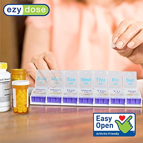 EZY DOSE Weekly (7-day) Push Button Pill Organizer and Planner (XL), Arthritis Friendly, X-Large, Assorted Colors