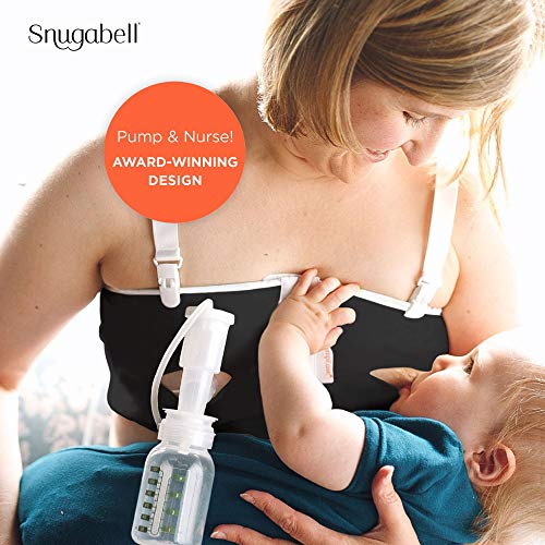 Hands Free Pumping Bra | Snugabell PumpEase adjustable and comfortable pumping bra made with spandex technical fabric, supports two breast pumping bottles & flanges | Black & White Size XL