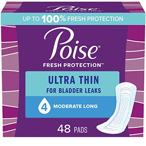 Poise Ultra Thin Incontinence Pads & Postpartum Incontinence Pads, 4 Drop Moderate Absorbency, Long Length, 48 Count