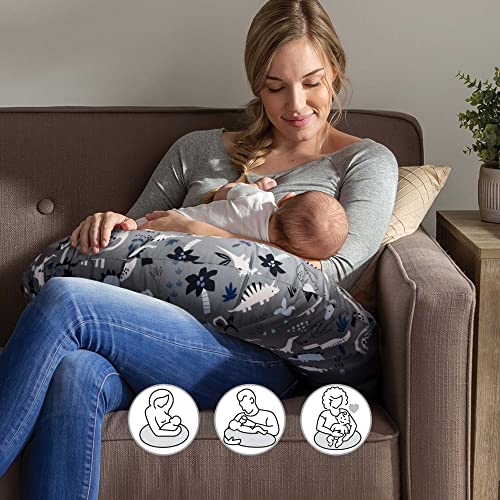 Boppy Original Support Nursing Pillow, Gray Dinosaurs, Ergonomic Breastfeeding, Bottle Feeding, and Bonding, with Hypoallergenic Fiber Fill, with Removable Cover, Machine Washable