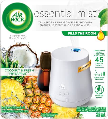 Airwick Essential Mist Fragrance Oil Diffuser Kit, Coconut & Fresh Pineapple, 1 Diffuser + 1 Refill (20mL)