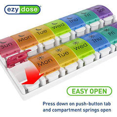 EZY DOSE Push Button (7-Day) Pill Case, Medicine Planner, Vitamin Organizer, 2 Times a Day AM/PM, Removeabale Trays, Large Compartments, Arthritis Friendly, Rainbow Lids