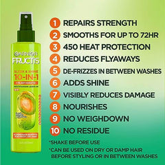 Garnier 10-In-1 Repairing Leave-In Spray For Frizzy & Dry Hair with Heat Protection, Fructis Sleek & Shine, With Argan Oil and Plant Keratin - 239ml