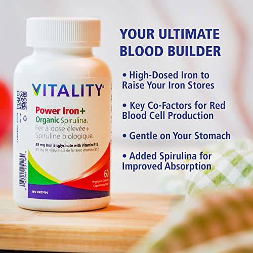 VITALITY Power Iron + Organic Spirulina 120 Veg Capsules (120 Days) - Boosts Energy with Iron Bisglycinate, Vitamin B12, Folic Acid, Vitamin C to Build Blood, Boost Energy