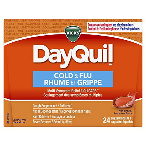 Vicks DayQuil Cold and Flu Medicine, Cough Suppressant, Nasal Decongestant, Pain Reliever, Fever Reducer, Non-Drowsy Formula, 24 Liquid Capsules