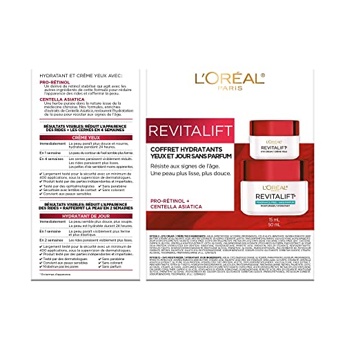 L'Oréal Paris Day Moisturizer Fragrance-Free + Eye Cream Kit, Revitalift Skincare, with Pro Retinol and Centella Asiatica, to Reduce the look of Wrinkles, 50ml & 15ml, 2 Count Kit.