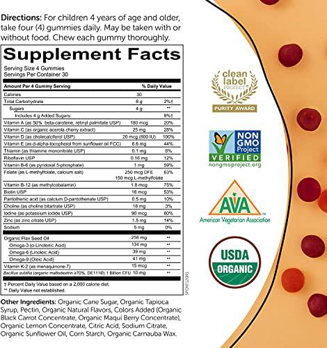 SmartyPants Gummy Vitamins Organic Gummy Kids Daily Multivitamin: Probiotic, Vitamin C, D3 & Zinc for Immunity, Biotin, Omega 3, B6, Methyl B12 for Energy (Single Bottle, 30 Day Supply), Orange, 120 count