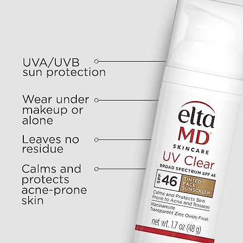 EltaMD UV Clear SPF 46 Tinted Face Sunscreen, Broad Spectrum Sunscreen For Sensitive Skin And Acne-Prone Skin, Oil-Free Mineral-Based Sunscreen, Sheer Face Sunscreen With Zinc Oxide, 1.7 Oz Pump