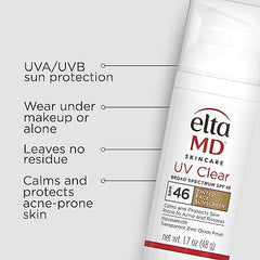 EltaMD UV Clear SPF 46 Tinted Face Sunscreen, Broad Spectrum Sunscreen For Sensitive Skin And Acne-Prone Skin, Oil-Free Mineral-Based Sunscreen, Sheer Face Sunscreen With Zinc Oxide, 1.7 Oz Pump