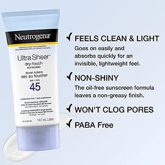 Neutrogena Sunscreen Lotion SPF 45, Ultra Sheer Dry-Touch Sun Cream, Oxybenzone-free, Dermatologist-tested, Water Resistant & Non-Greasy, 147mL