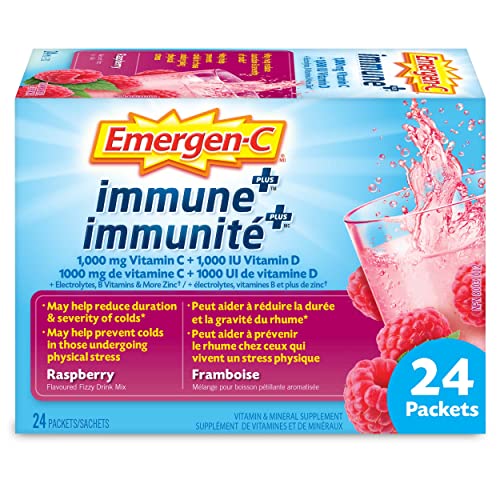 Emergen-C Immune+ 1000mg Vitamin C Powder Supplement, Drink Mix, Immune System Booster, Rasberry, 24 Packets
