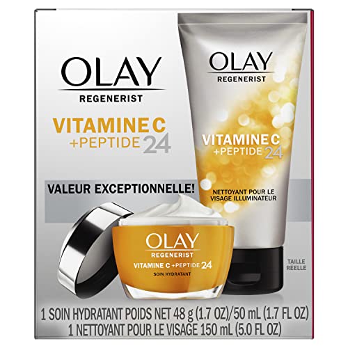 Olay Regenerist Vitamin C + Peptide 24 Duo Pack, Cleanser 150mL (5 fl oz), Moisturizer 48g (1.7 oz) Silver and Orange ,2.0 count