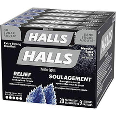 Halls Triple Soothing Action, No Sugar Added, Cough Drops, Extra Strong Menthol 9 count, 20 Packs