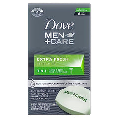 Dove Men+Care Extra Fresh Hand & Body, Face & Shave Bar Soap for refreshed skin with ¼ moisturizing cream 106 g pack of 6