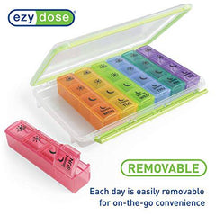 Ezy Dose Weekly (7-Day) Pill Organizer, Vitamin and Medicine Box, X-Large Pop-Out Compartments, 4 Times a Day, Rainbow Lids with Case