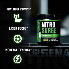 NITROSURGE Pre Workout Supplement - Endless Energy, Instant Strength Gains, Clear Focus, Intense Pumps - Nitric Oxide Booster & Preworkout Powder with Beta Alanine - 30 Servings, Green Apple