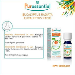 PURESSENTIEL - Eucalyptus Radiata Organic Essential Oil - Used in aromatherapy to help relieve colds, cough and headaches - 100% pure and from natural sources - 10ml