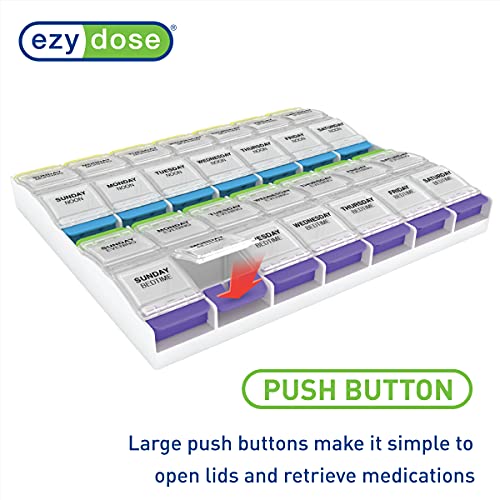 EZY DOSE Weekly (7-Day) Pill Organizer, Vitamin and Medicine Box, 2X-Large Push Button Compartments, 4 Times a Day, Clear Lids