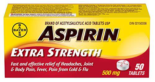 ASPIRIN Extra Strength 500mg, Fast & Effective Relief of Migraines, Headaches, Joint & Body Pain, Fever, Pain from Cold & Flu, 50 Tablets