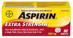 ASPIRIN Extra Strength 500mg, Fast & Effective Relief of Migraines, Headaches, Joint & Body Pain, Fever, Pain from Cold & Flu, 50 Tablets