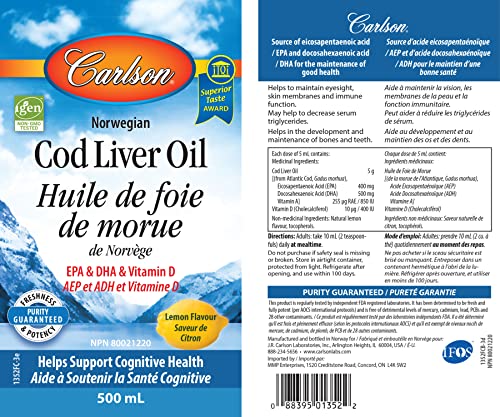 Carlson Labs Norwegian Natural Vitamin E Cod Liver Oil, Lemon, 500ml, Glass Bottle