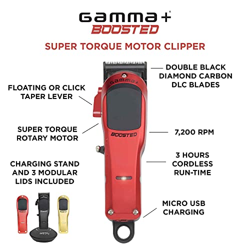 GAMMA+ Boosted Professional Modular Cordless Clipper with Super Torque Motor, Modula Lids Black, Red, Gold