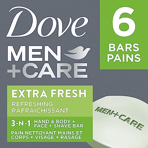 Dove Men+Care Extra Fresh Hand & Body, Face & Shave Bar Soap for refreshed skin with ¼ moisturizing cream 106 g pack of 6