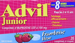 Junior Strength Advil (20 Count, Blue Raspberry Flavour) Ibuprofen Chewable Tablets Fever Relief