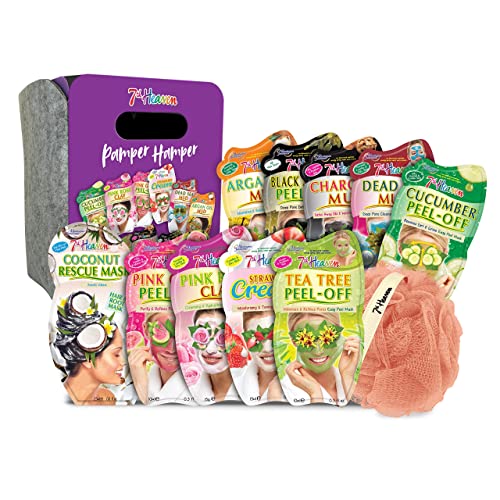 7th Heaven Pamper Hamper Gift Set - Contains a Variety of Peel-Off and Mud Face Masks, Hair Rescue Masque, and Exfoliating Body Puff