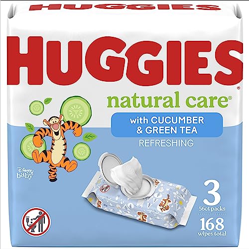 HUGGIES Baby Wipes, Huggies Natural Care Refreshing, SCENTED, Hypoallergenic, 3 Flip-Top Packs, 168 Count