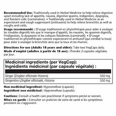 SOLARAY Ginger Root, 550mg | Digestion & Joint Health | Zingiber Officinale, Whole Root | Dietary Supplement | Non-GMO, Vegan, Lab Verified | 180 VegCaps