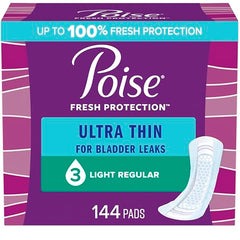 Poise Ultra Thin Incontinence Pads & Postpartum Incontinence Pads, 3 Drop Light Absorbency, Regular Length, 144 Count (3 Packs of 48)
