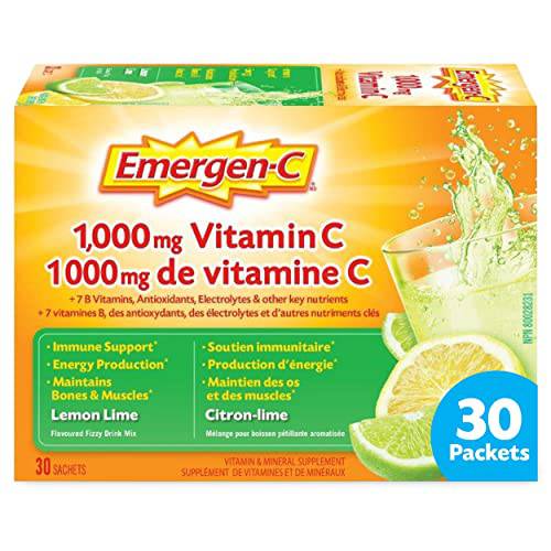 Emergen-C Immune Support Fizzy Drink Mix, A Boost of Vitamins and Minerals, Lemon Lime, 30 Sachets