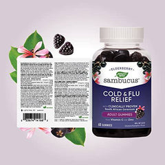 Nature's Way Sambucus Cold and Flu Relief Original Elderberry Gummies – Used in Herbal Medicine to Help Relieve Symptoms (Cough, Runny Nose and Sore Throat) in Adults, 60 Gummies