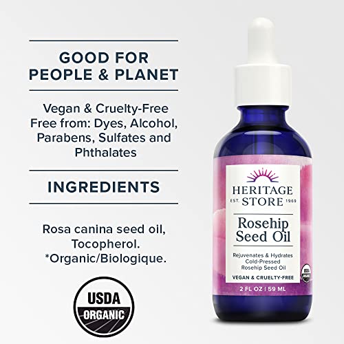 Heritage Store – Rosehip Seed Oil | 100% Organic & Cold-Pressed | Rejuvenates & Hydrates | Normal, Dry, Combination & Oily Skin | Vegan | 59 ml (2 oz.)