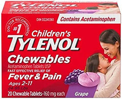 Tylenol Children's Chewables Fever and Pain Relief, Grape Flavour, 160 mg Acetaminophen, 20 Tablets, Toothache Pain Relief